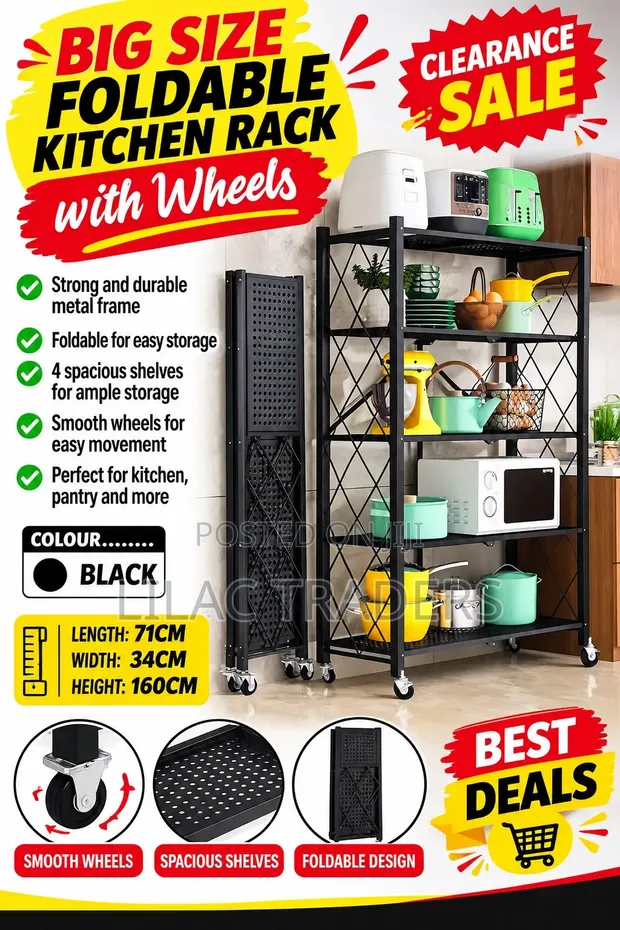 5-Tier Foldable Kitchen Rack with Wheels (Black) - 1