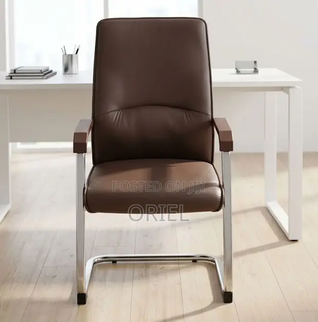 Brown Leather Visitor Bench - Sled Base Office Chair - 1