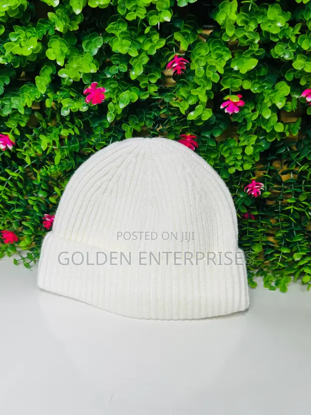 White Unisex Stretchable Ribbed Beanie - 1