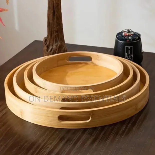Round Bamboo Serving Trays with Handles (Set of 4) - 1