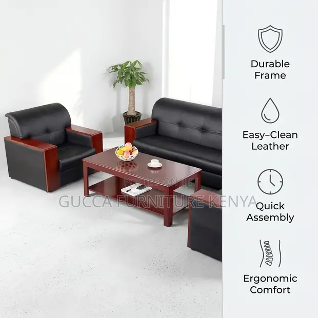 5-Seater Imported Sofa Set - Black Leather - 1