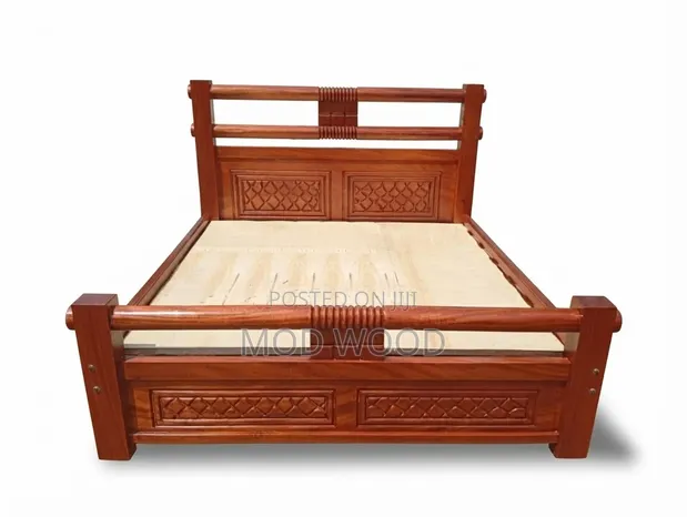 Handcrafted Solid Wood Bed Frame with Carved Panels (Queen) - 1