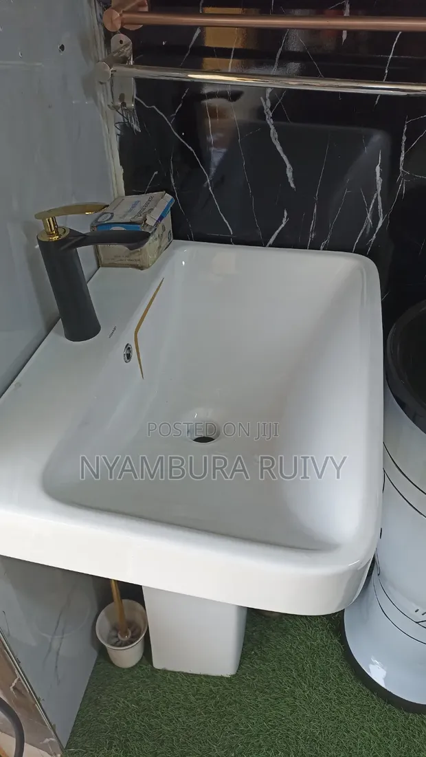 Pedestal Basin with Gold Accents - 1