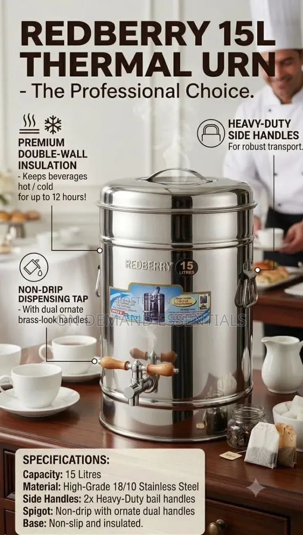 Redberry Premium Range Stainless Steel Insulated Tea Urn 15L - 1