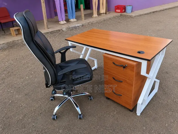 Executive Office Desk & High Back Chair Set - Wooden 3 Drawers - 1