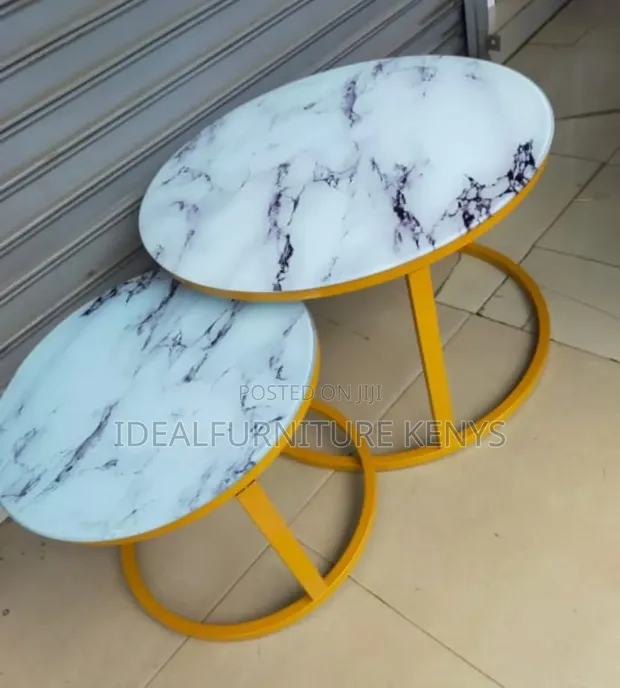 2Pcs Round Nesting Coffee Tables - White Marble Top, Gold Frame - 1