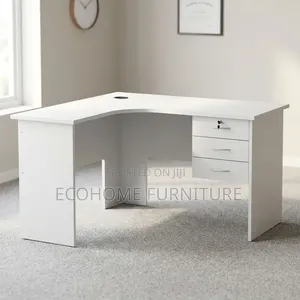 White Corner Office Desk with Lockable Drawers