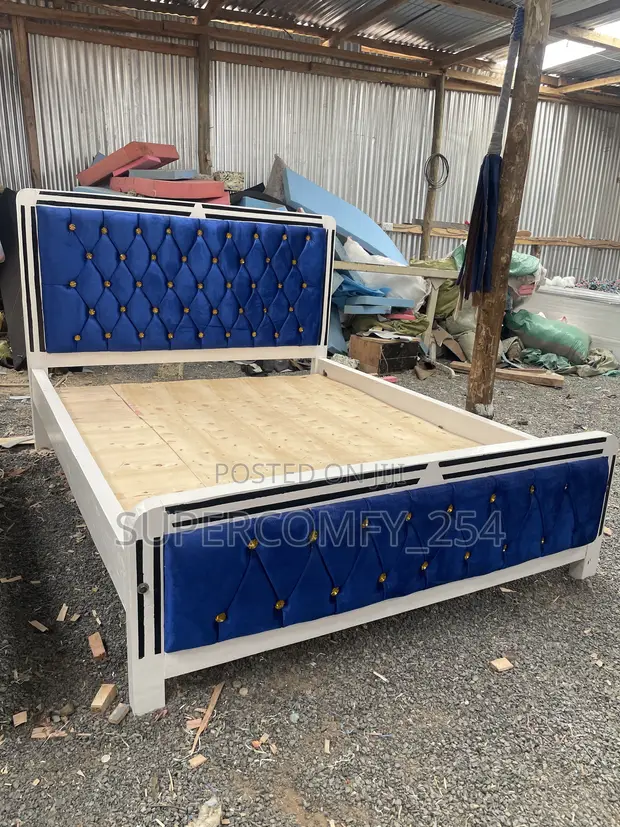 Colourful Blue Fabric Mocket Bed with White & Black Wooden Frame - 1