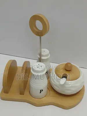 Seti ya Vyombo vya Meza Nyeupe vya Keramik na Stendi ya Mianzi
