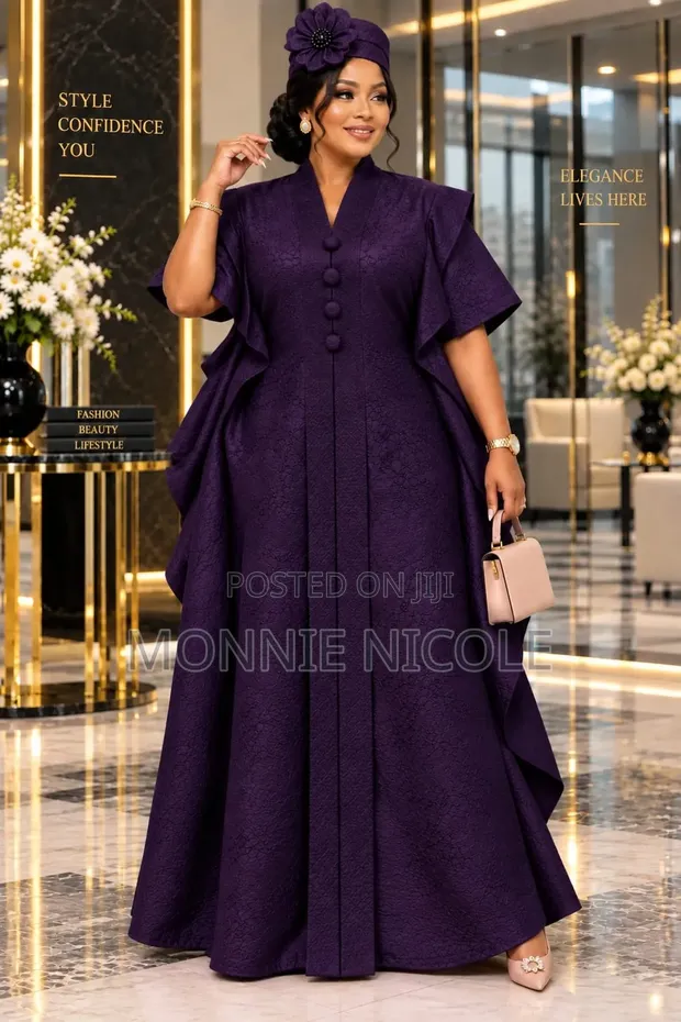 Boubou/Kaftan Nzuri ya Rangi ya Zambarau na Kofia - 1