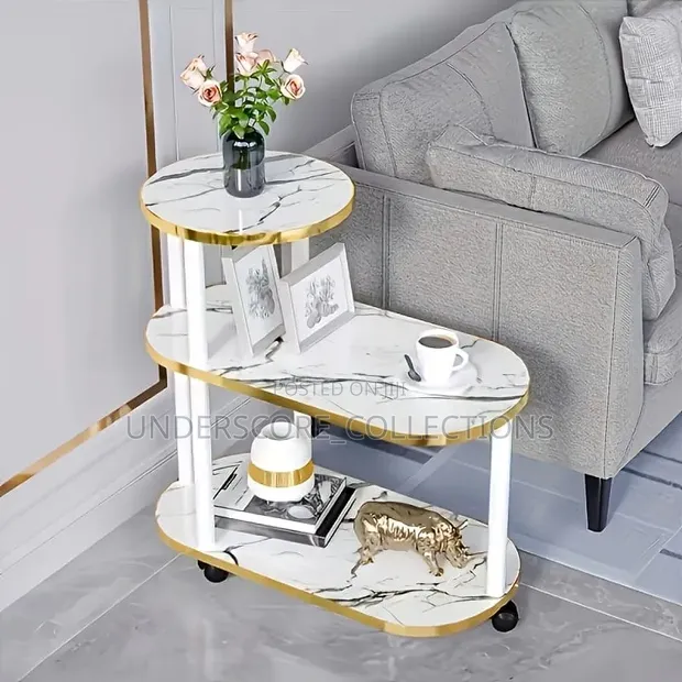 3-Layer Oval Top Trolley Rack Table - Black Marble - 1