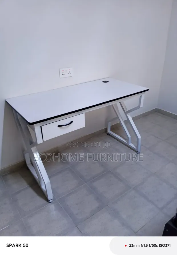 White Office Desk with Geometric Metal Legs and Drawer - 1