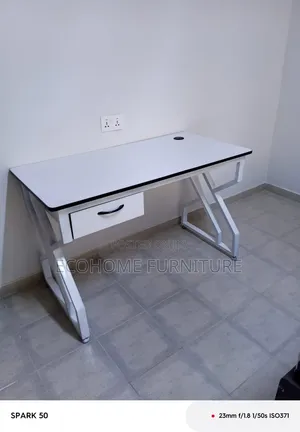 White Office Desk with Geometric Metal Legs and Drawer