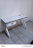 White Office Desk with Geometric Metal Legs and Drawer - 1
