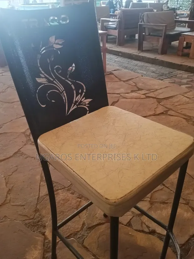 Powder-Coated Metal Bar Stool with Floral Cutout - 1
