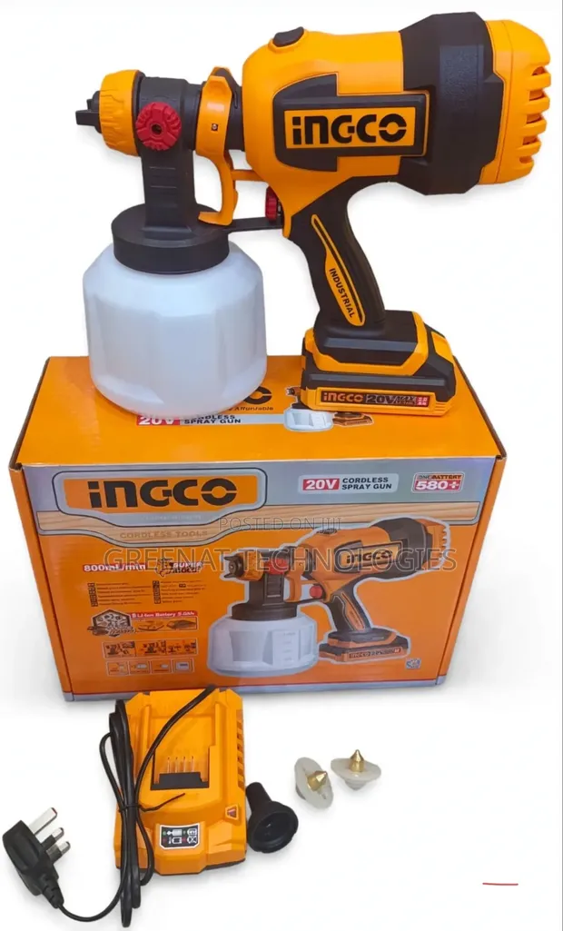 Ingco Cordless Spray Gun 20V 800ml/Min with 2.0Ah Battery + Charger - 1