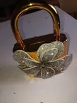 Rhinestone Floral Padlock Handbag - Gold - 3