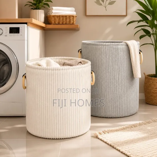 Velvet Corduroy Laundry Basket | Cream & Grey - 1