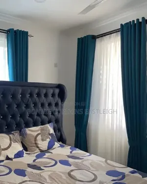 High Quality Plain Blue Curtains & Off-White Sheers