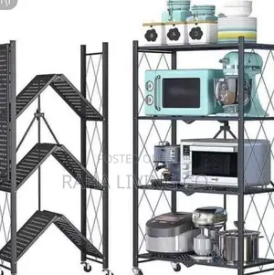 4-Tier Foldable Kitchen Rack na Magurudumu - Nyeusi