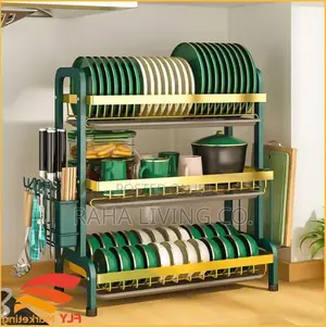 3-Layer Dish Rack with Cutlery Holder - Green Gold