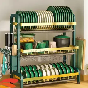 3-Tier Dish Rack na Kipochi cha Cutlery - Green Gold