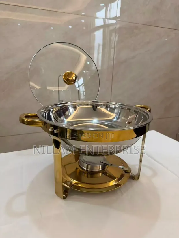 Chafing Dish ya Chuma cha Pua ya Mviringo na Vitu vya Dhahabu - 1