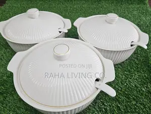 3-in-1 Ceramic Serving Dishes with Lids & Spoons | White Gold Rim