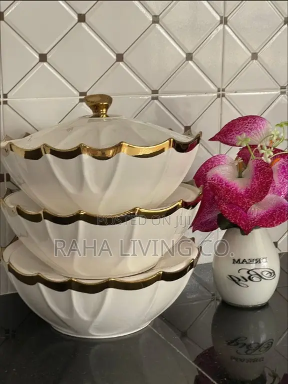 3pc Oval Porcelain Serving Bowls with Gold Rim - 1