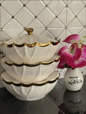 3pc Oval Porcelain Serving Bowls with Gold Rim