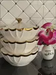 3pc Oval Porcelain Serving Bowls with Gold Rim - 1