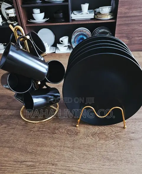 12pc Matte Black Ceramic Dinner Plates & Mugs Set with Stands - 1