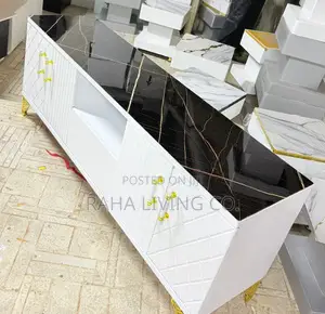 Executive Box TV Stand | Nyeusi Marble Top | Gold Legs | Nyeupe