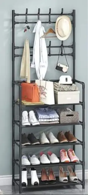 5 Tier Shoe Rack na Coat Hooks | Nyeupe/Nyeusi
