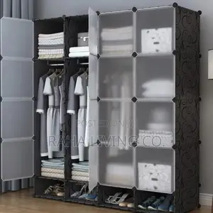 Portable 16 Cube Plastic Wardrobe with 2 Hanging Rails