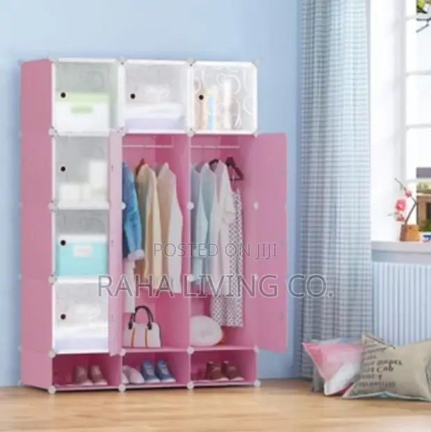 Portable 3 Column Plastic Wardrobe - Pink & Blue - 1