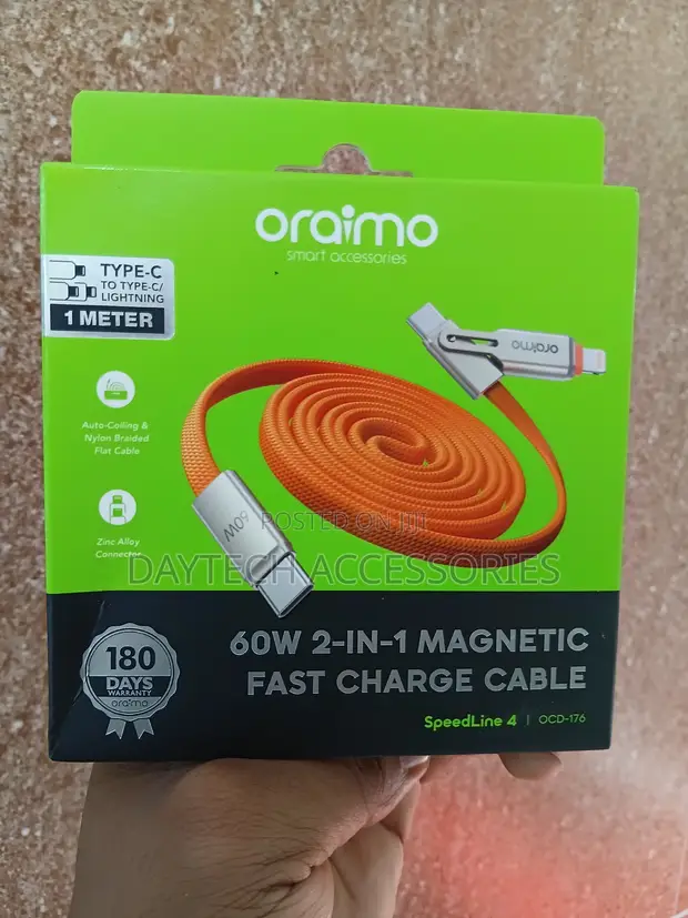 Oraimo SpeedLine 4 60W 2-in-1 Magnetic Fast Charge Cable - Orange - 1