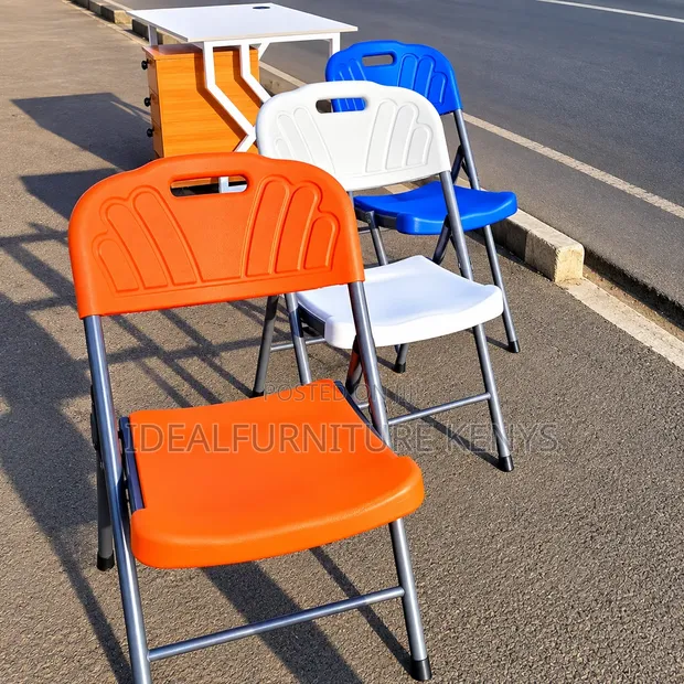 Colorful Plastic Folding Chairs - Orange, White & Blue - 1