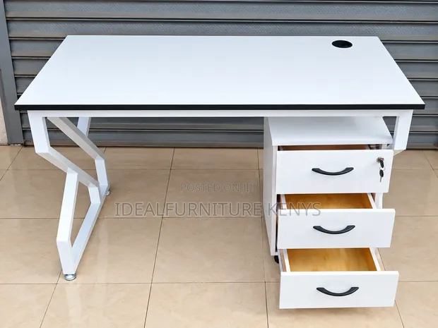 Modern White Office Desk with 3 Lockable Drawers - 1
