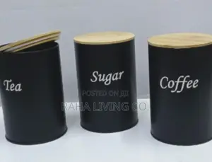 3pc Coffee Sugar Tea Canister Set | Black Metal | Bamboo Lids