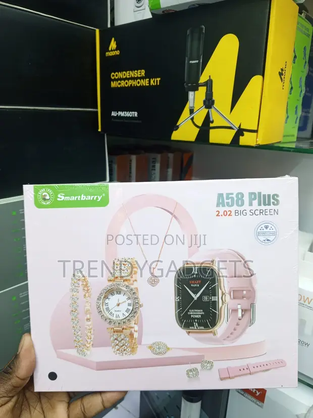 A58 Plus Smart Watch Set ya Zawadi 8-in-1 na Pink Strap & Jewelry - 1