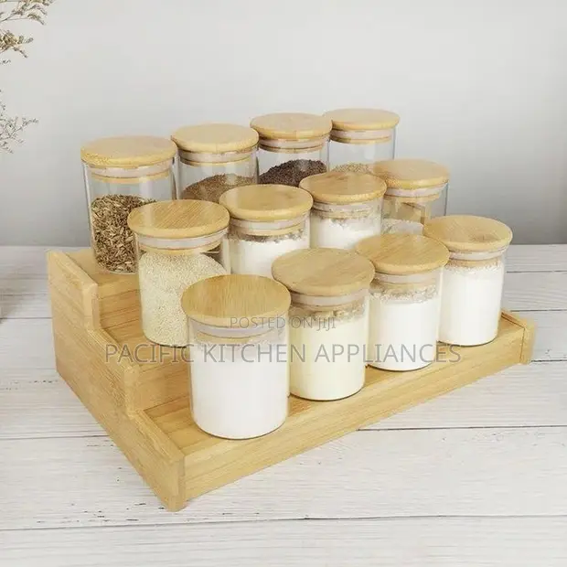 12-Piece Glass Spice Jars Set with Bamboo Lids & Wooden Stand - 1