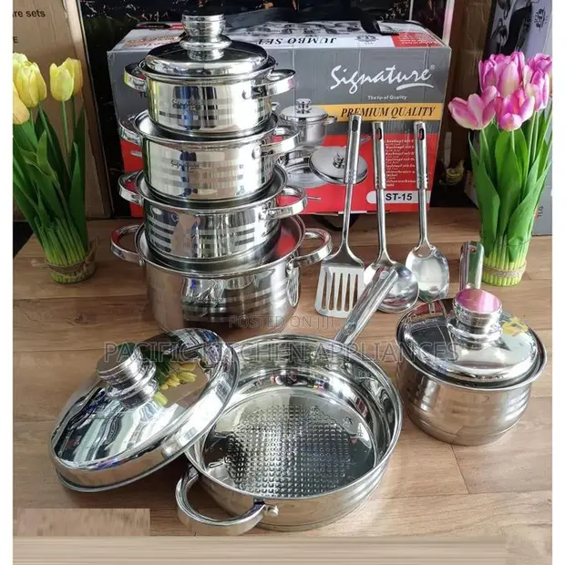 Signature Induction Base Stainless Steel Cookware Set yenye Vifuniko vya Kioo - 1