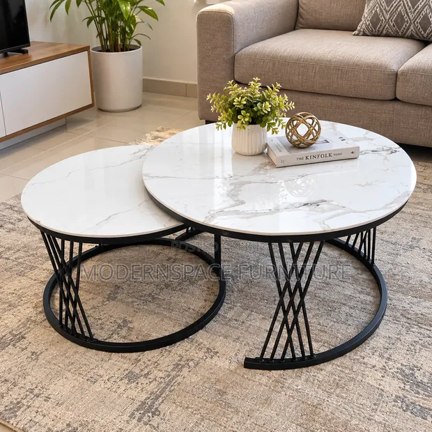 Black and White Marble-Effect Coffee Table Set - 1