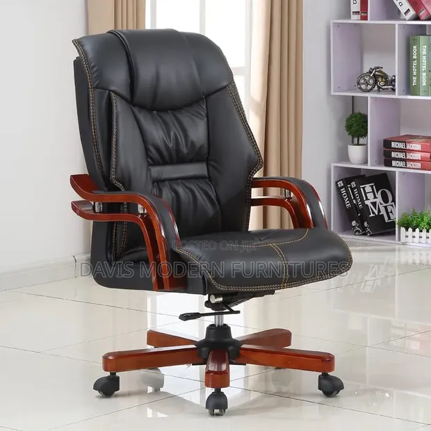 Executive Leather Office Chair - Black with Red Wood Accents - 1