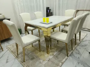 Hilant Furniture White & Gold Marble 6-Seater Dining Set