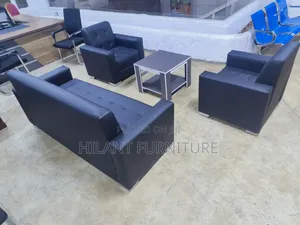 Seti ya Sofa Nyeusi ya Ngozi ya Viti 5 kwa Ofisi (3+1+1)