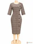 Elegant Brown & Black Plaid Pencil Dress - 1