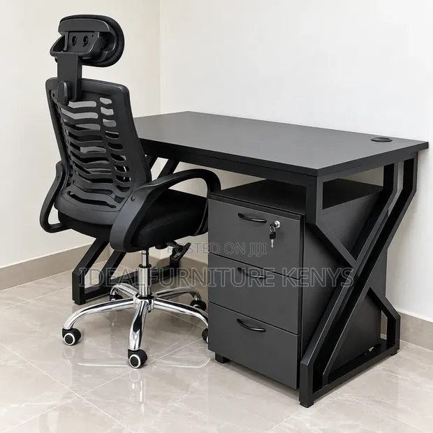Modern Black Office Desk with Ergonomic Mesh Chair & 3-Drawer Pedestal - 1