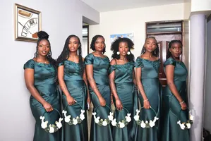 Emerald Green Satin Bridesmaid Dresses with Lace Detail